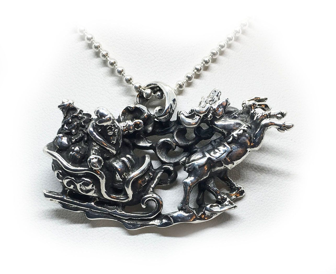 Christmas Santa Sleigh with Reindeers Silver Pendant