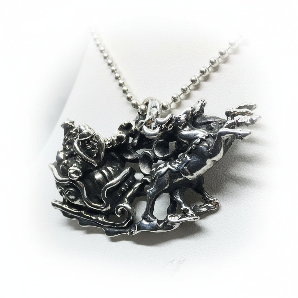 Christmas Santa Sleigh with Reindeers Silver Pendant