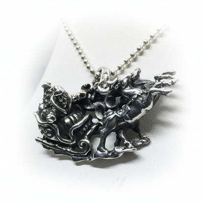 Christmas Santa Sleigh with Reindeers Silver Pendant