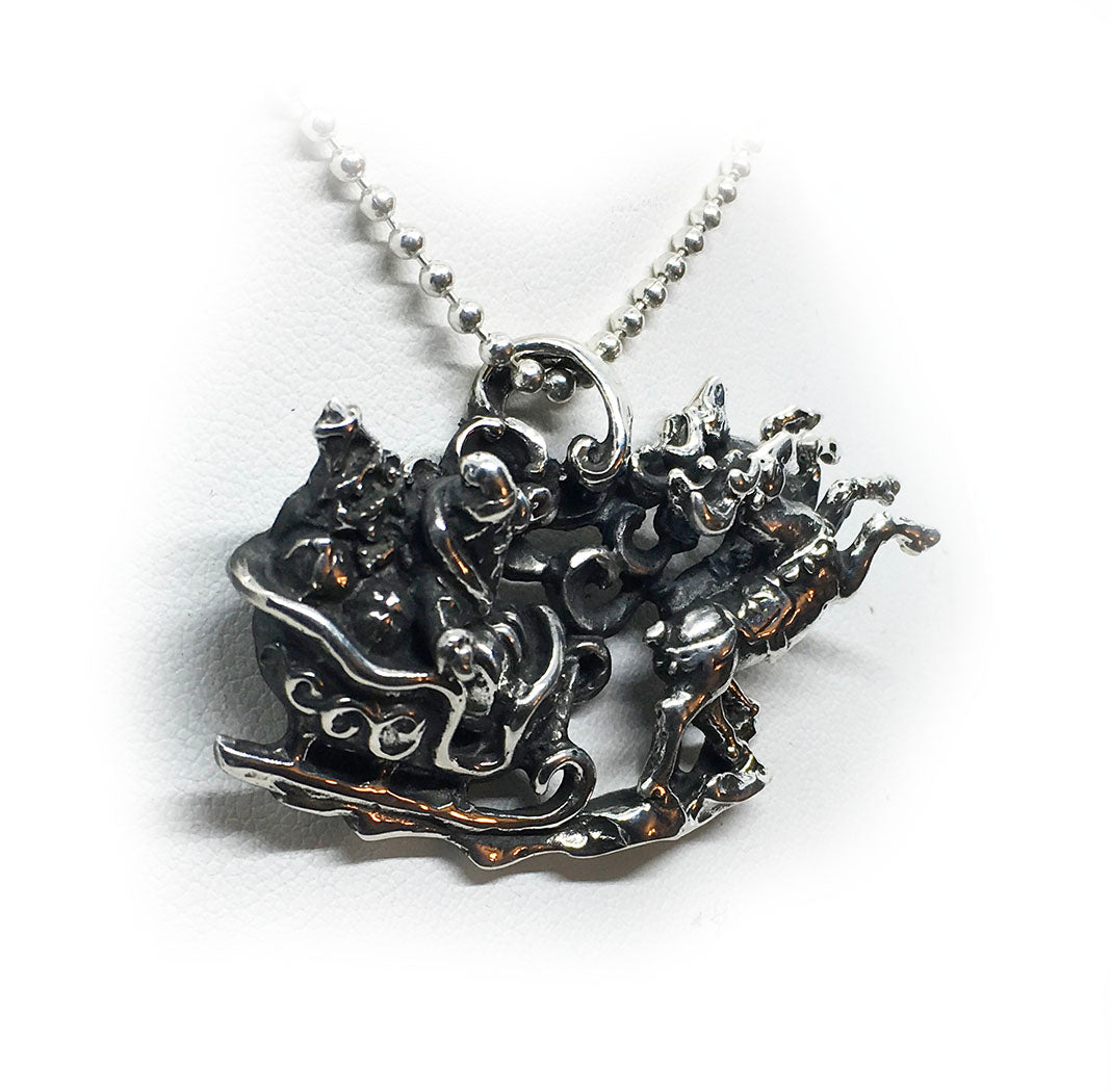 Christmas Santa Sleigh with Reindeers Silver Pendant