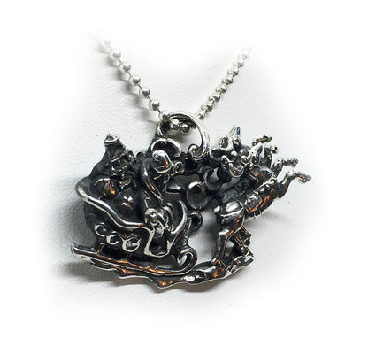 Christmas Santa Sleigh with Reindeers Silver Pendant
