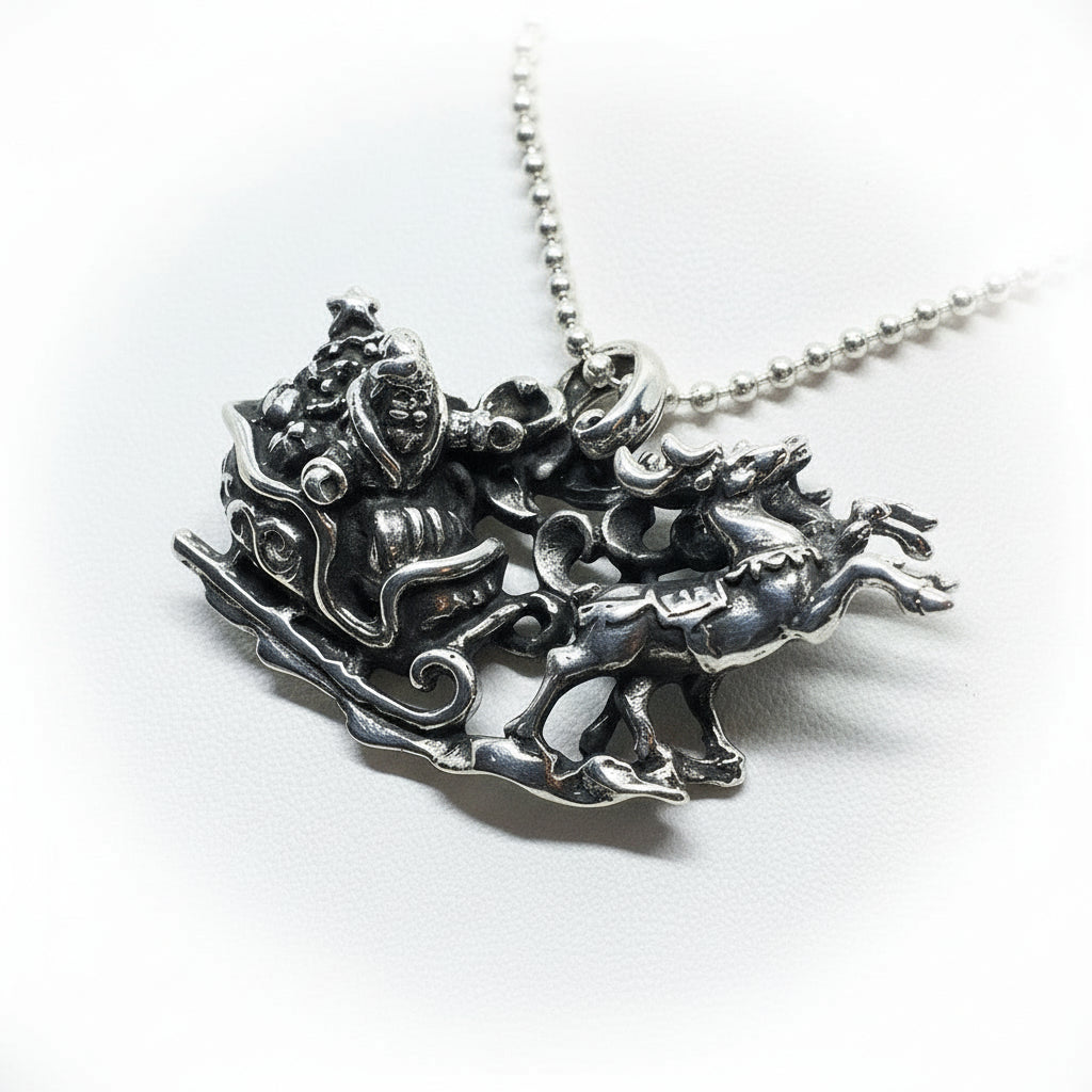 Christmas Santa Sleigh with Reindeers Silver Pendant