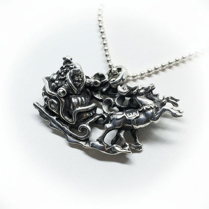 Christmas Santa Sleigh with Reindeers Silver Pendant