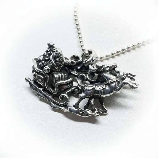 Christmas Santa Sleigh with Reindeers Silver Pendant