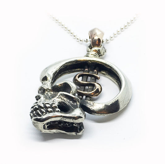 Skull Brain With $ Dollar Sign Sterling Silver Pendant