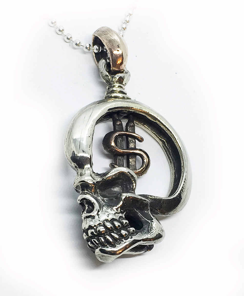 Skull Brain With $ Dollar Sign Sterling Silver Pendant