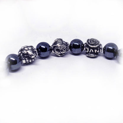 Sheep Birth Year Zodiac, Birth Months, Birth Month Flower Silver Hematite and Black Onyx Beads Bracelet