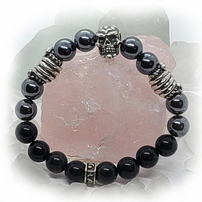 Skull and Double Wrapped Snakes Silver Beads with Hematite and Black Onyx Stone Beads Bracelet