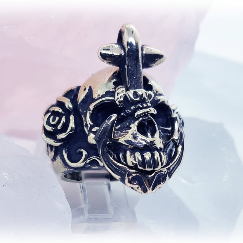 Skull with Anger Sterling Silver and Bronze Combination Ring