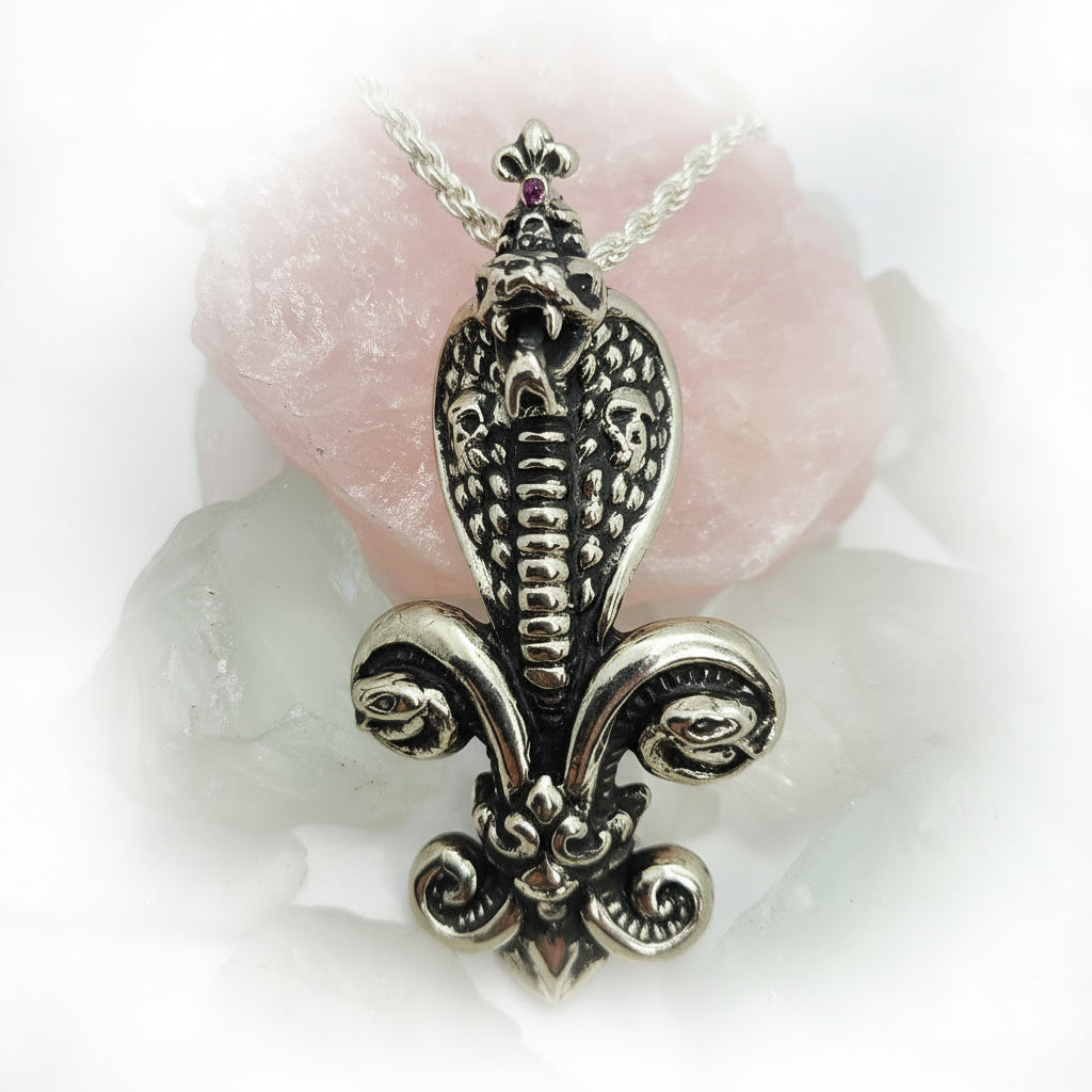 Snake Cobra Fleur-De-Lis Sterling Silver Pendant
