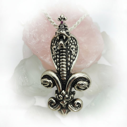 Snake Cobra Fleur-De-Lis Sterling Silver Pendant