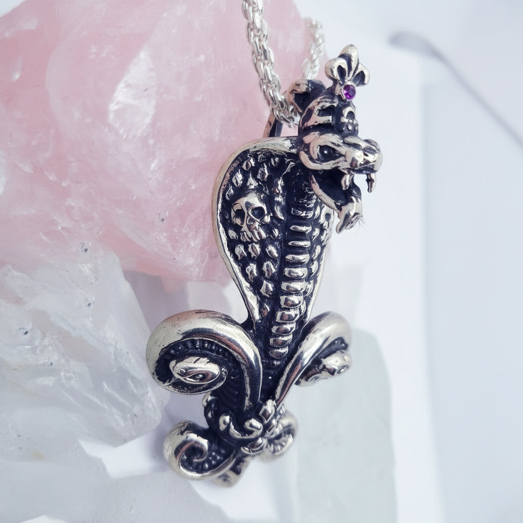 Snake Cobra Fleur-De-Lis Sterling Silver Pendant