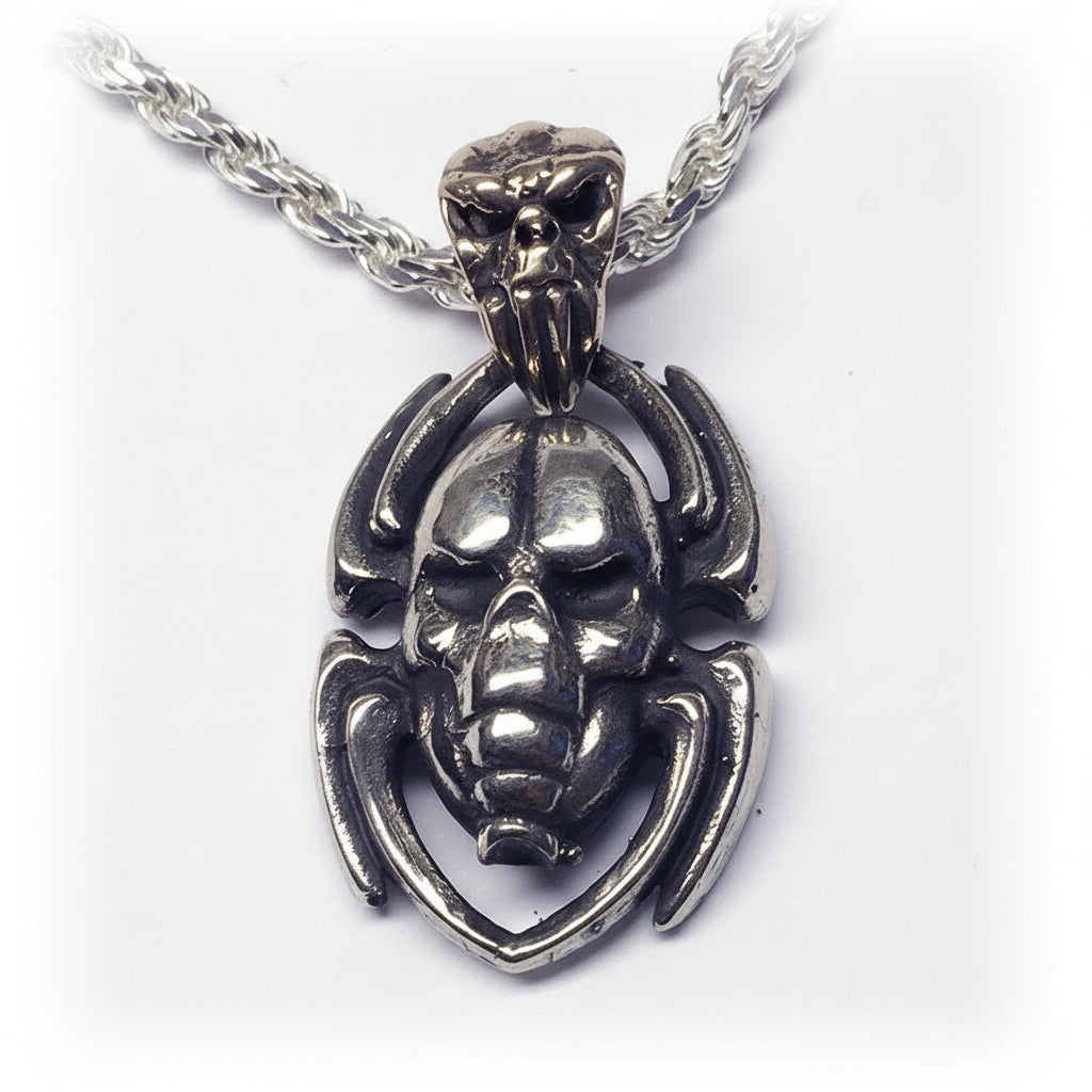 Spider with Skull Head and Skull Hook Silver Pendant