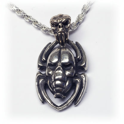 Spider with Skull Head and Skull Hook Silver Pendant