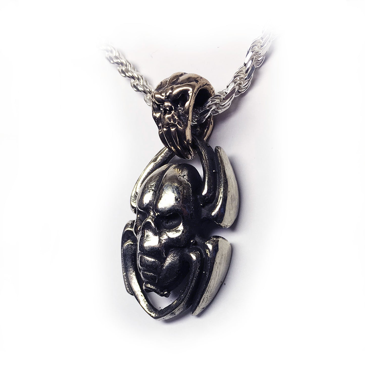 Spider with Skull Head and Skull Hook Silver Pendant
