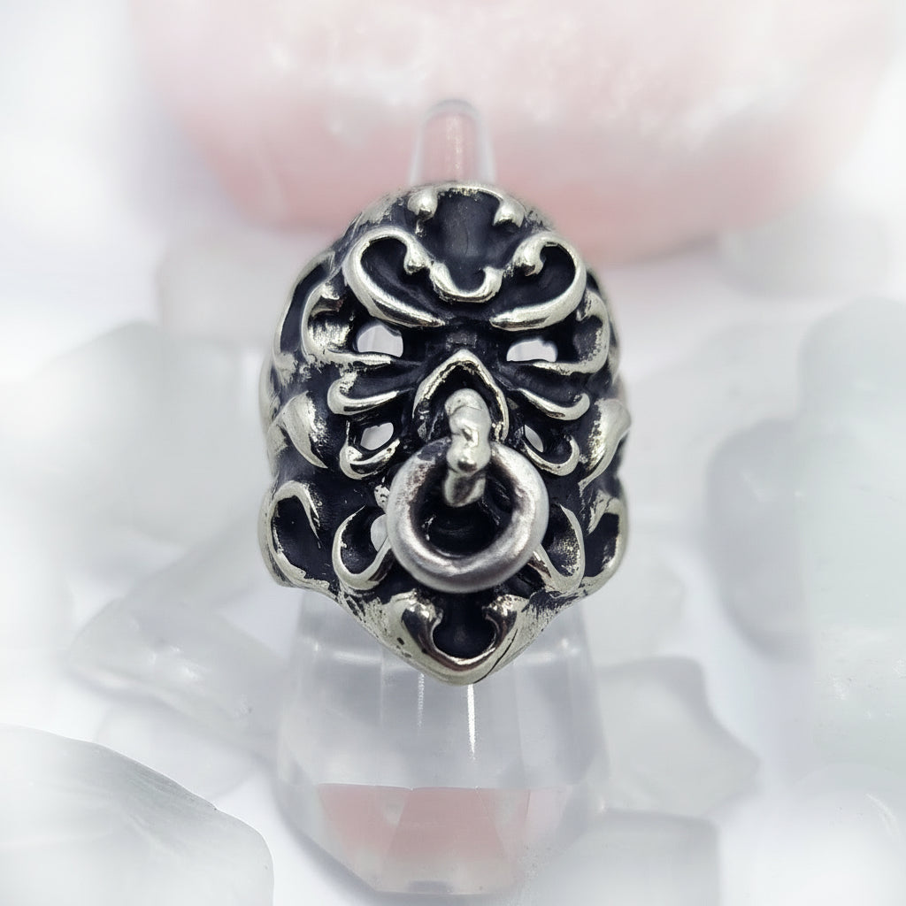 Tribal Skull with Nose Ring Sterling Silver Ring