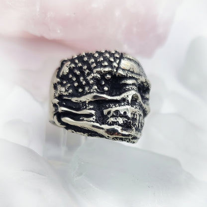 USA Flag Skull Sterling Silver Ring