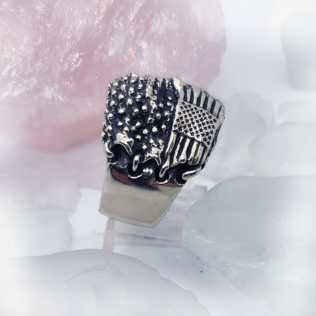 USA Flag Skull Sterling Silver Ring