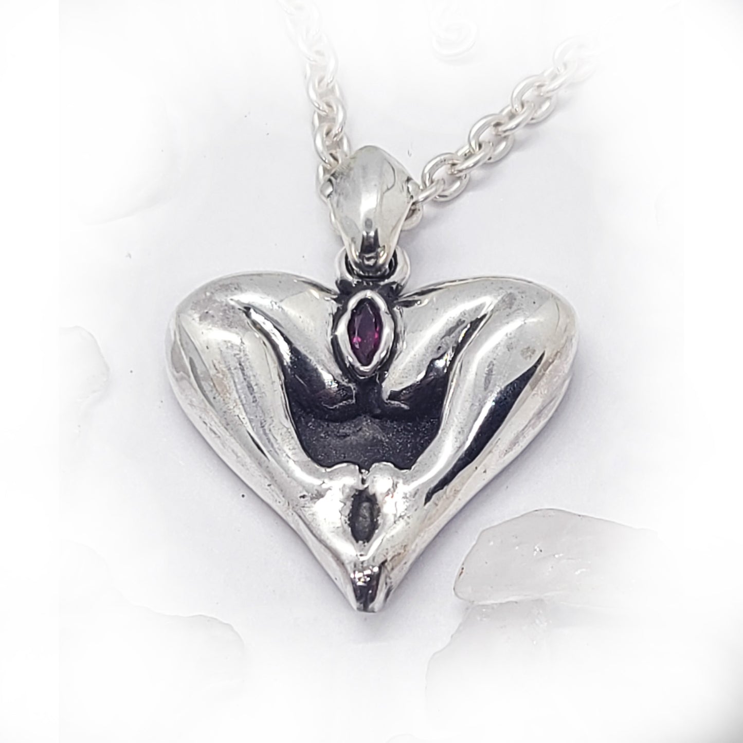 Vagina with Stone. Legs in Shape of an Heart Silver Pendant