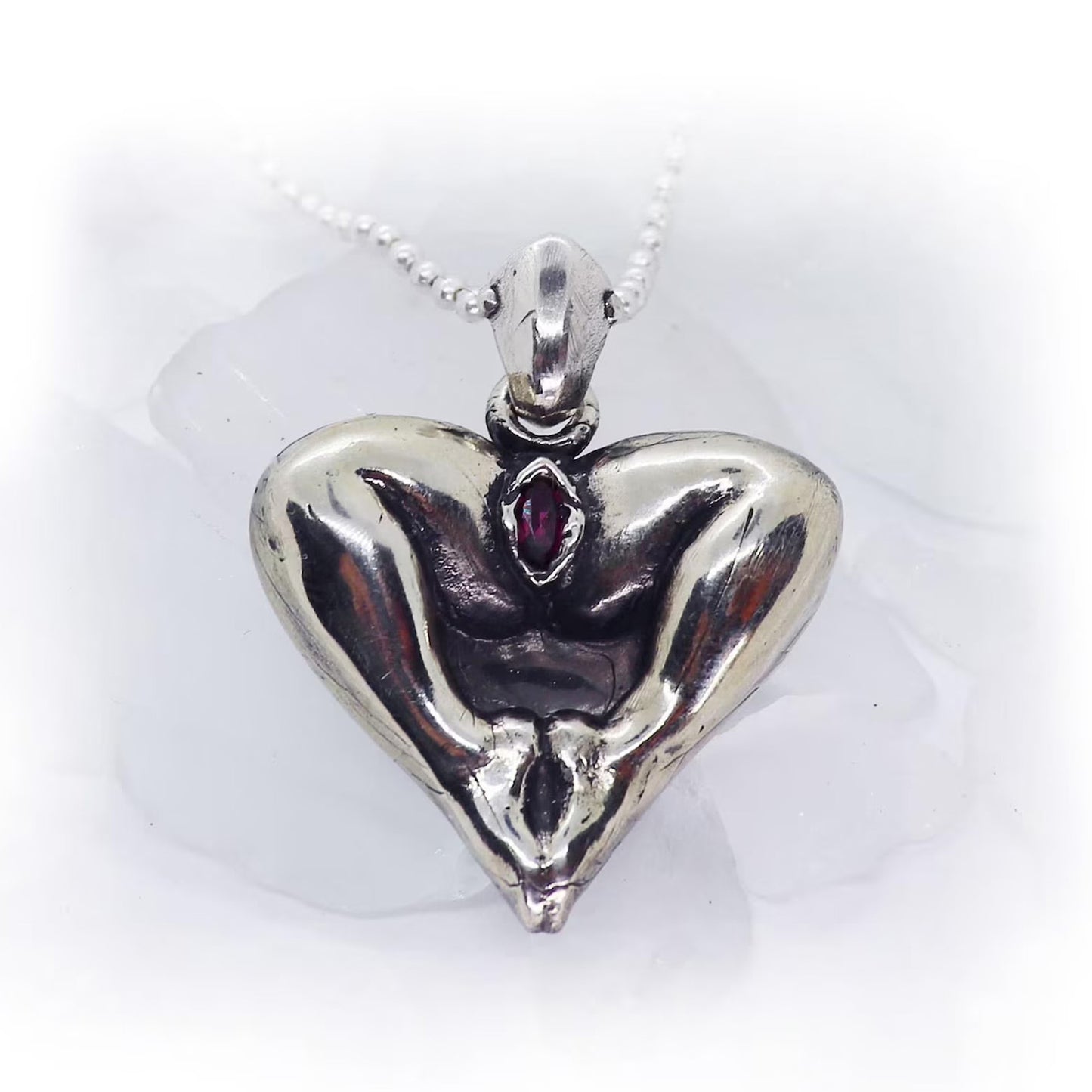 Vagina with Stone. Legs in Shape of an Heart Silver Pendant