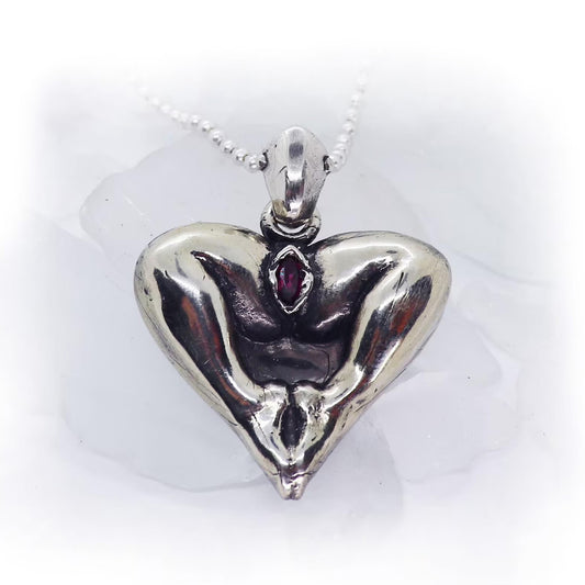 Vagina with Stone. Legs in Shape of an Heart Silver Pendant