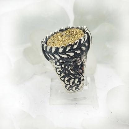 Silver Armenian Lion & Eagle Ring with Natural Yellow Stone