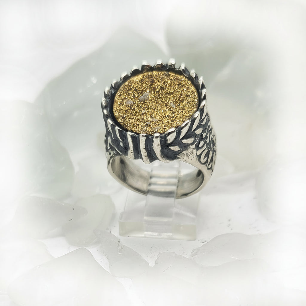 Silver Armenian Lion & Eagle Ring with Natural Yellow Stone