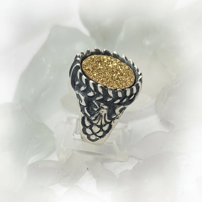 Silver Armenian Lion & Eagle Ring with Natural Yellow Stone