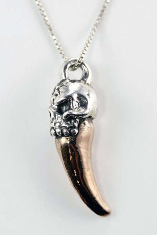 Sterling Silver and Bronze Skull With Fang Pendant
