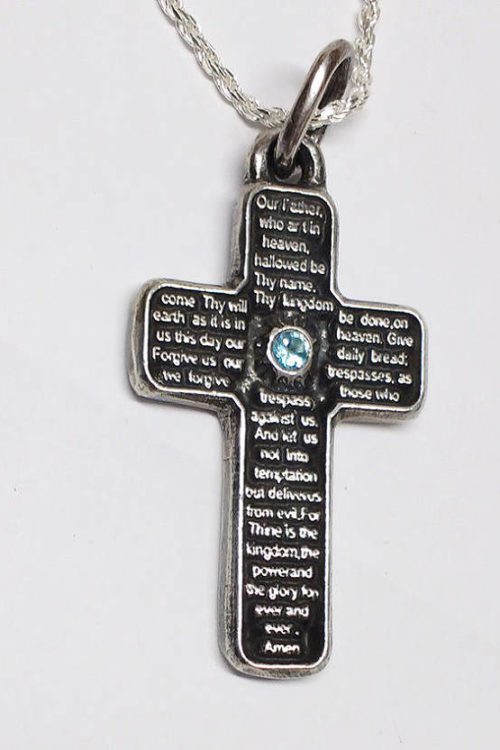 Lord’s Prayer Silver Cross With Birth Stone English