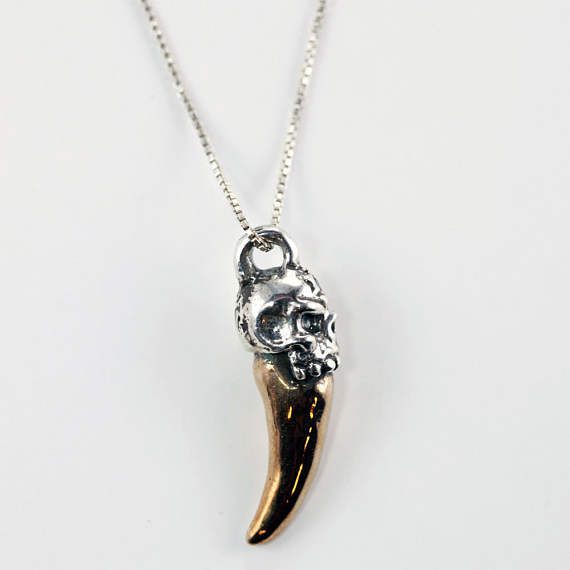 Sterling Silver and Bronze Skull With Fang Pendant 2
