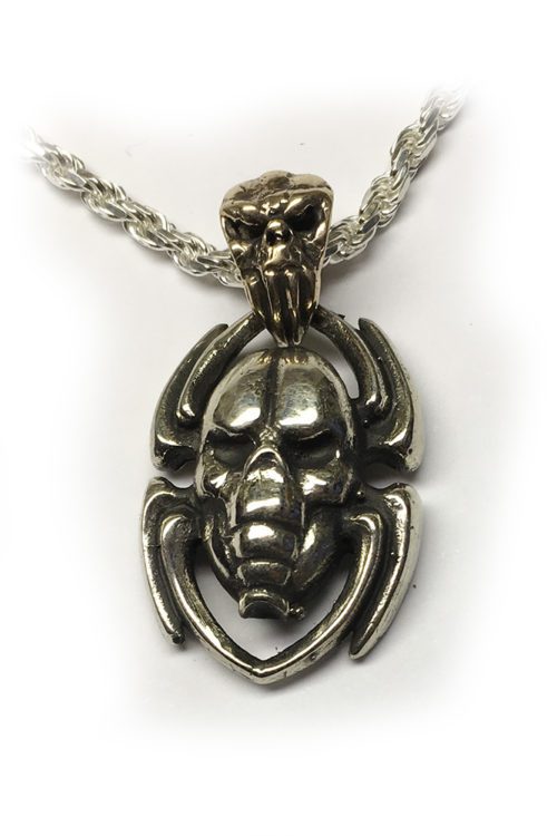 Spider with Skull Hook Silver Pendant