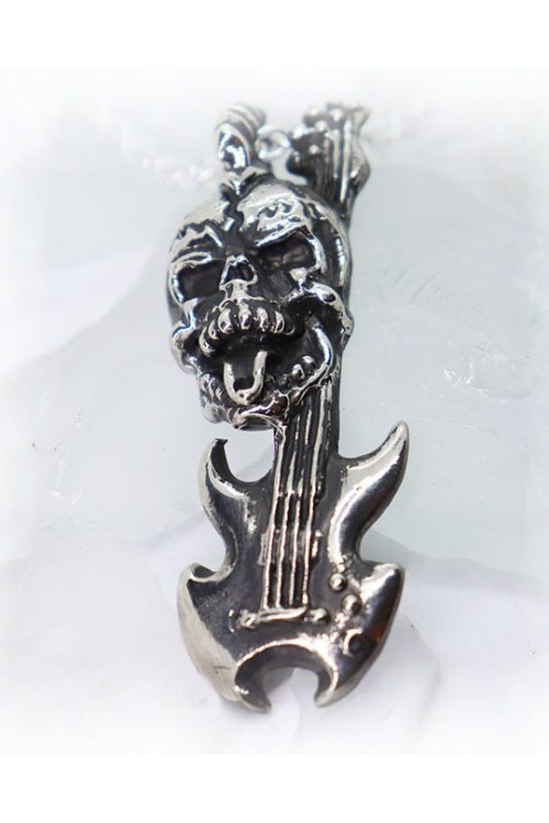 Rock N Roll Skull with Guitar Sterling Silver Pendant