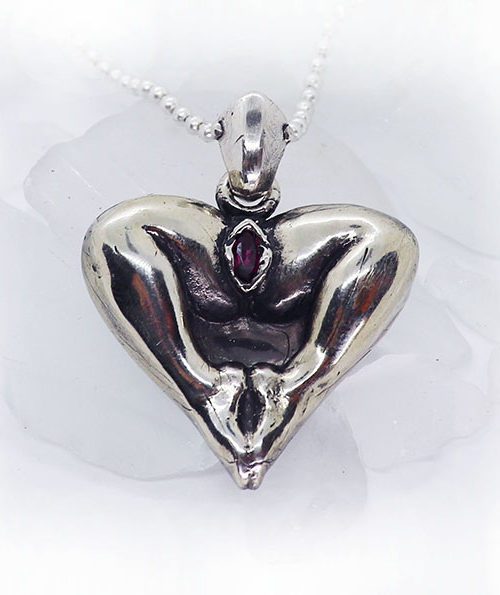 Vagina with Stone Legs in Shape of an Heart Silver Pendant