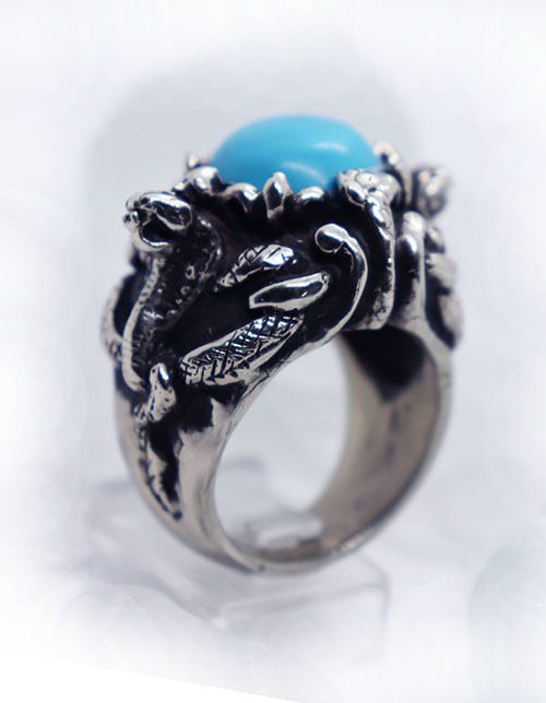 Cobras and Black Mambas United with Turquoise Stone Silver Ring