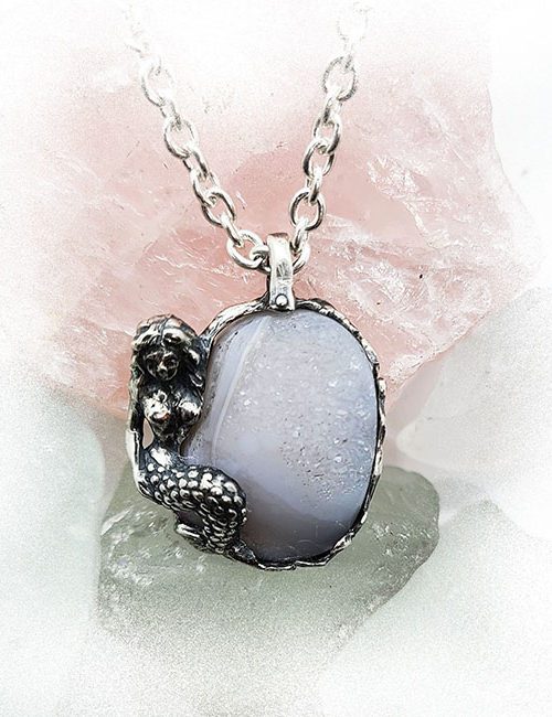 Mermaid with Natural Amethyst Stone Sterling Silver Necklace