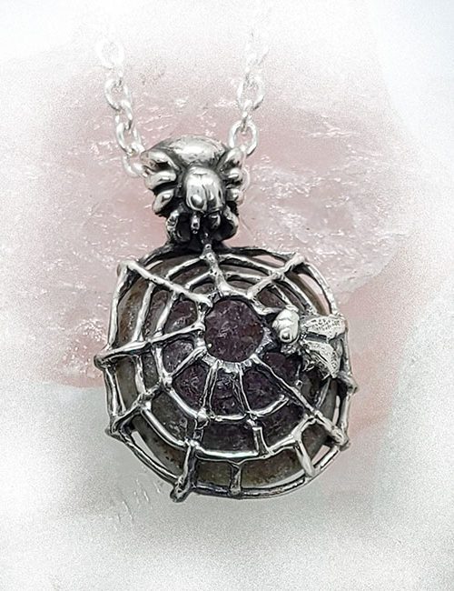 Spider with Fly and Natural Amethyst Stone Sterling Silver Necklace