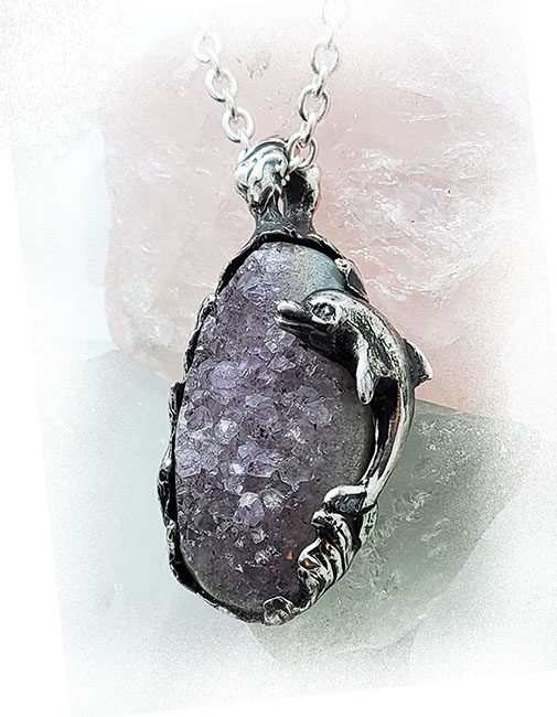 Dolphin with Natural Amethyst Stone Sterling Silver Necklace