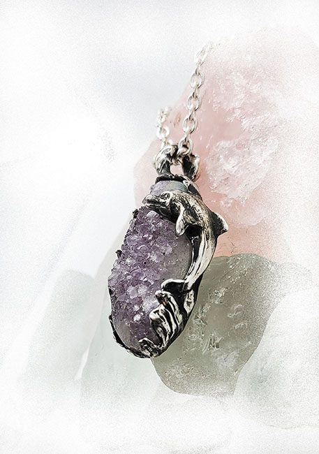 Dolphin with Natural Amethyst Stone Sterling Silver Necklace 4