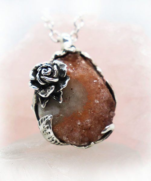 Rose Flower with Natural Amethyst Stone Sterling Silver Necklace