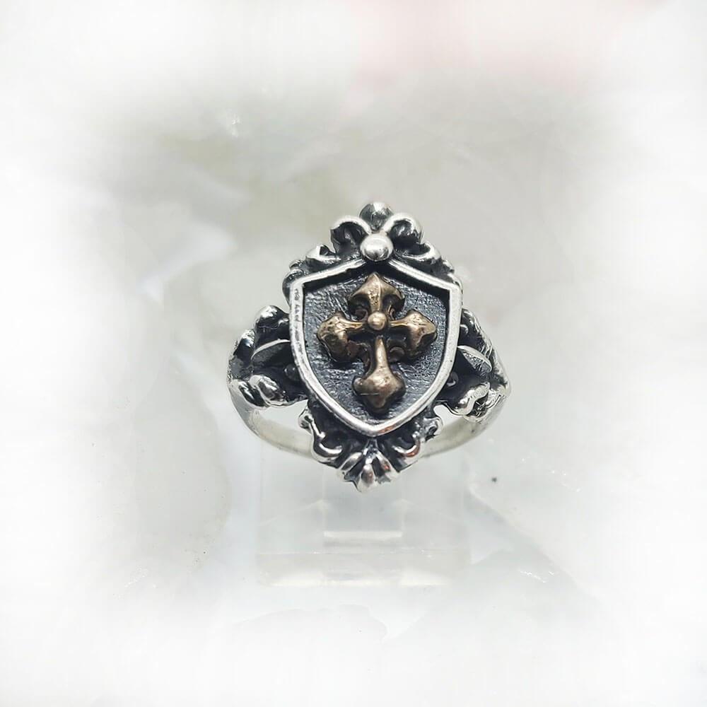 Women's Vintage Shield with Yellow Bronze Cross Sterling Silver Ring