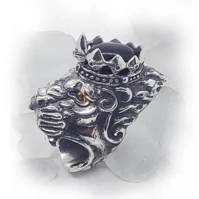 Big Lion with Crown and Citrine Eyes Silver Ring 2