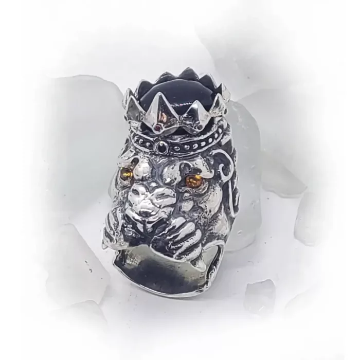 Big Lion with Crown and Citrine Eyes Silver Ring 3