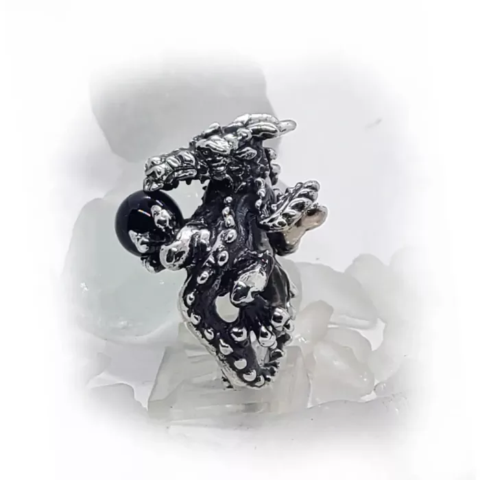 Dragon With Onyx Ball Sterling Silver Ring 2