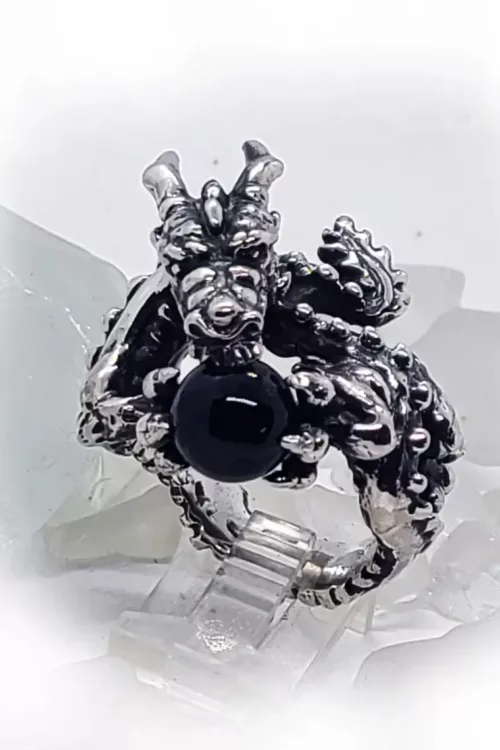 Dragon With Onyx Ball Sterling Silver Ring